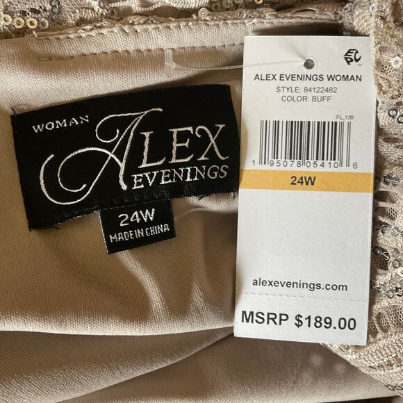 Alex Evenings Sequined Lace Cocktail Dress Size 24W Taupe Belted Fit and Flare - Picture 7 of 11